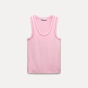ZARA pink knit top with red contrast stitching tank top sleeveless top S NWOT